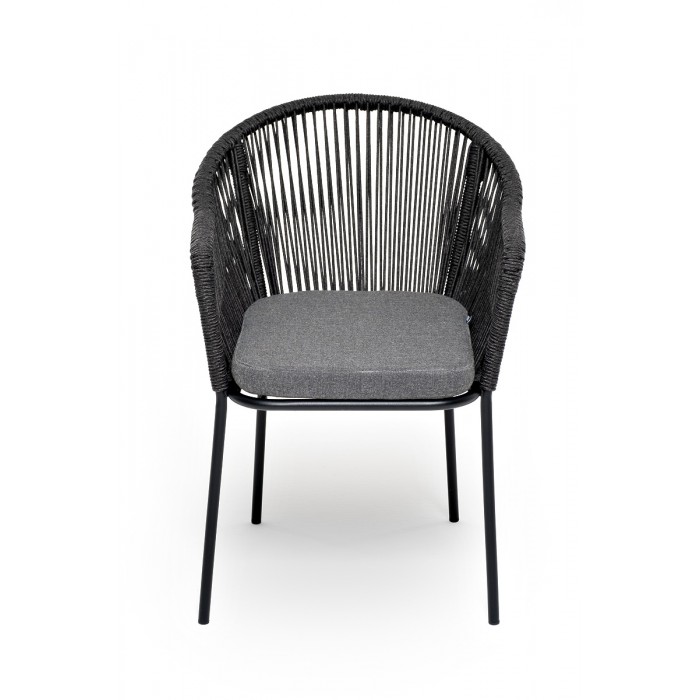 "Лион" стул плетеный из роупа, каркас из стали темно-серый (RAL7024) шагрень, роуп темно-серый круглый, ткань серая