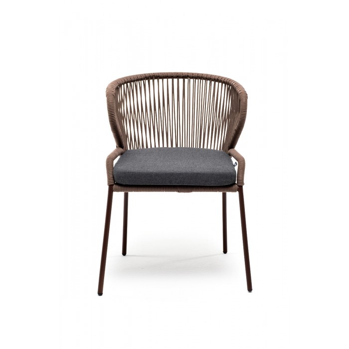 "Милан" стул плетеный из роупа, каркас алюминий коричневый (RAL8016), роуп коричневый круглый, ткань темно-серая