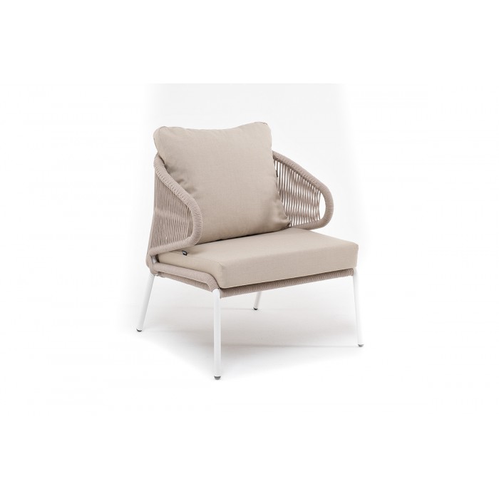 "Милан" кресло плетеное из роупа, каркас алюминий белый, роуп бежевый круглый, ткань бежевая
