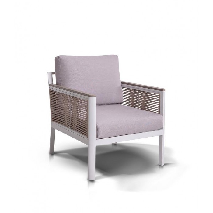"Сан Ремо" кресло плетеное из роупа садовое, каркас алюминий белый, роуп бежевый, ткань бежевая