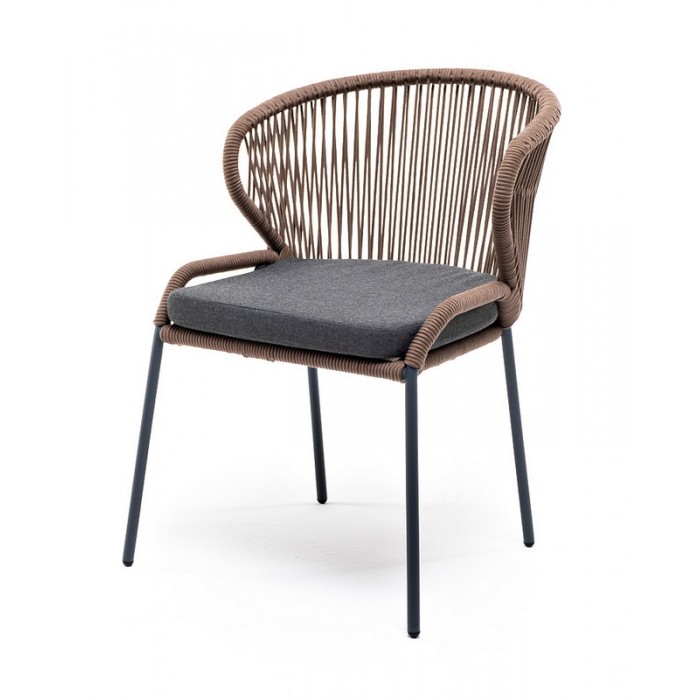 "Милан" стул плетеный из роупа, каркас алюминий серый (RAL7022), роуп коричневый круглый, ткань темно-серая